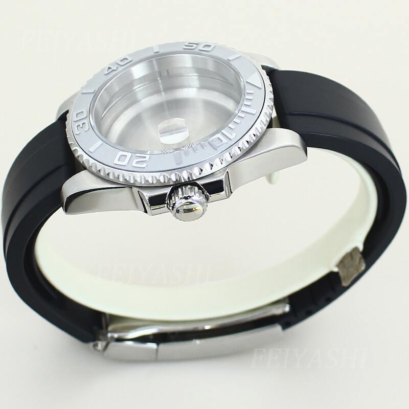 silvery 40mm Yacht Watch Case Rubber Strap With Stainless Steel Sliding Buckle