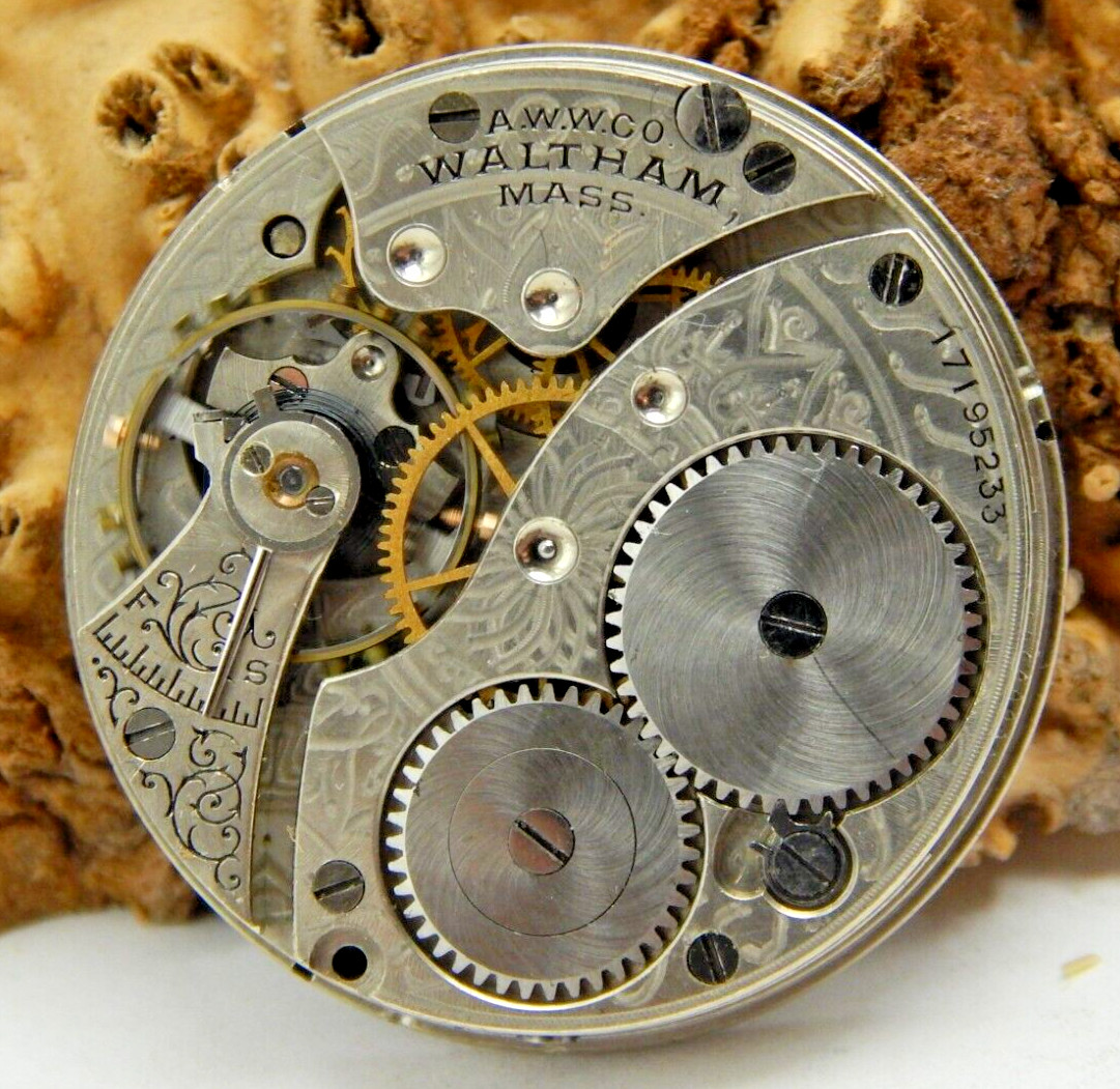 Antique Pocket Watch Movement 1908 Waltham 110 0s 7 jewel open face with dial
