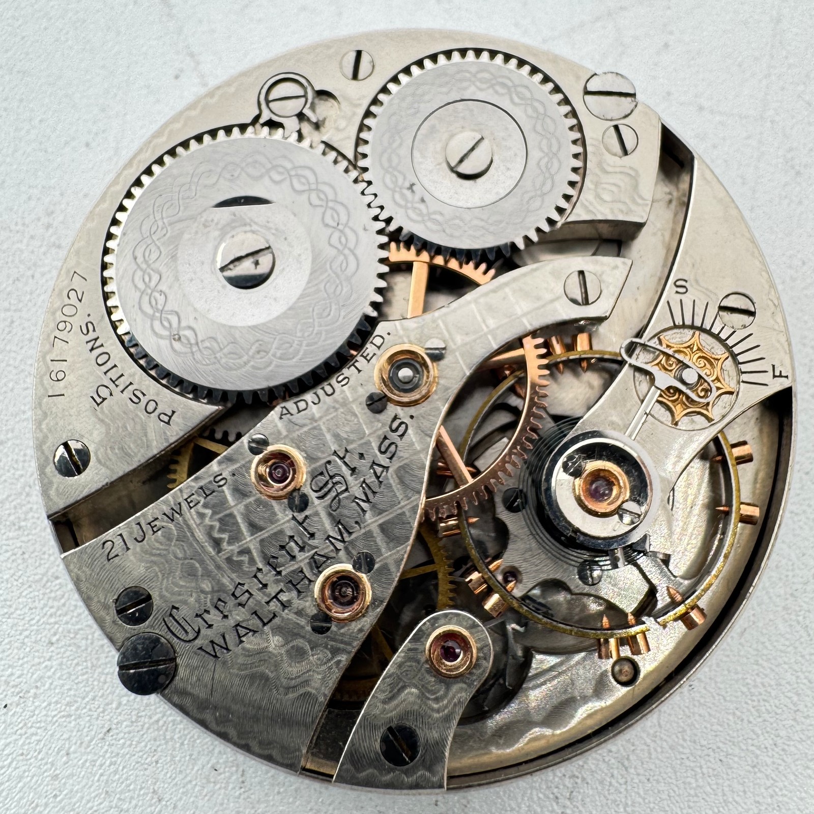Antique 16s 1907 Waltham Enamel Double Sunk Pocket Watch Movement Crescent St.