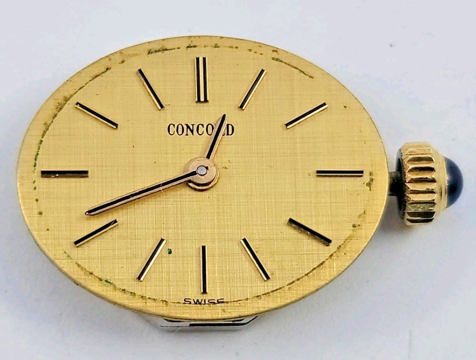 Vintage Concord 17j Mechanical Watch Movement Parts Only 14k Gold Jeweled Crown