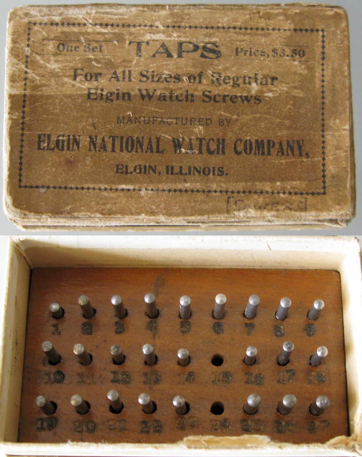 box Elgin assortment of Taps to fit screws … watch incomplete … + extras …