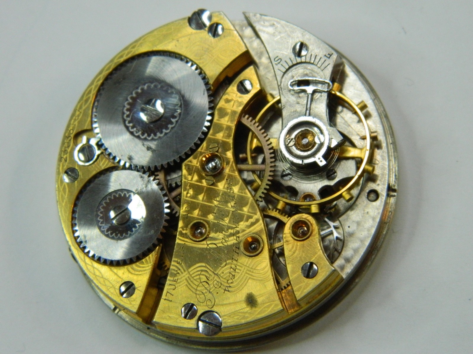 1919 WALTHAM #1908 16S PS BARTLETT GOLD FLASHED POCKET WATCH MOVEMENT – REPAIR