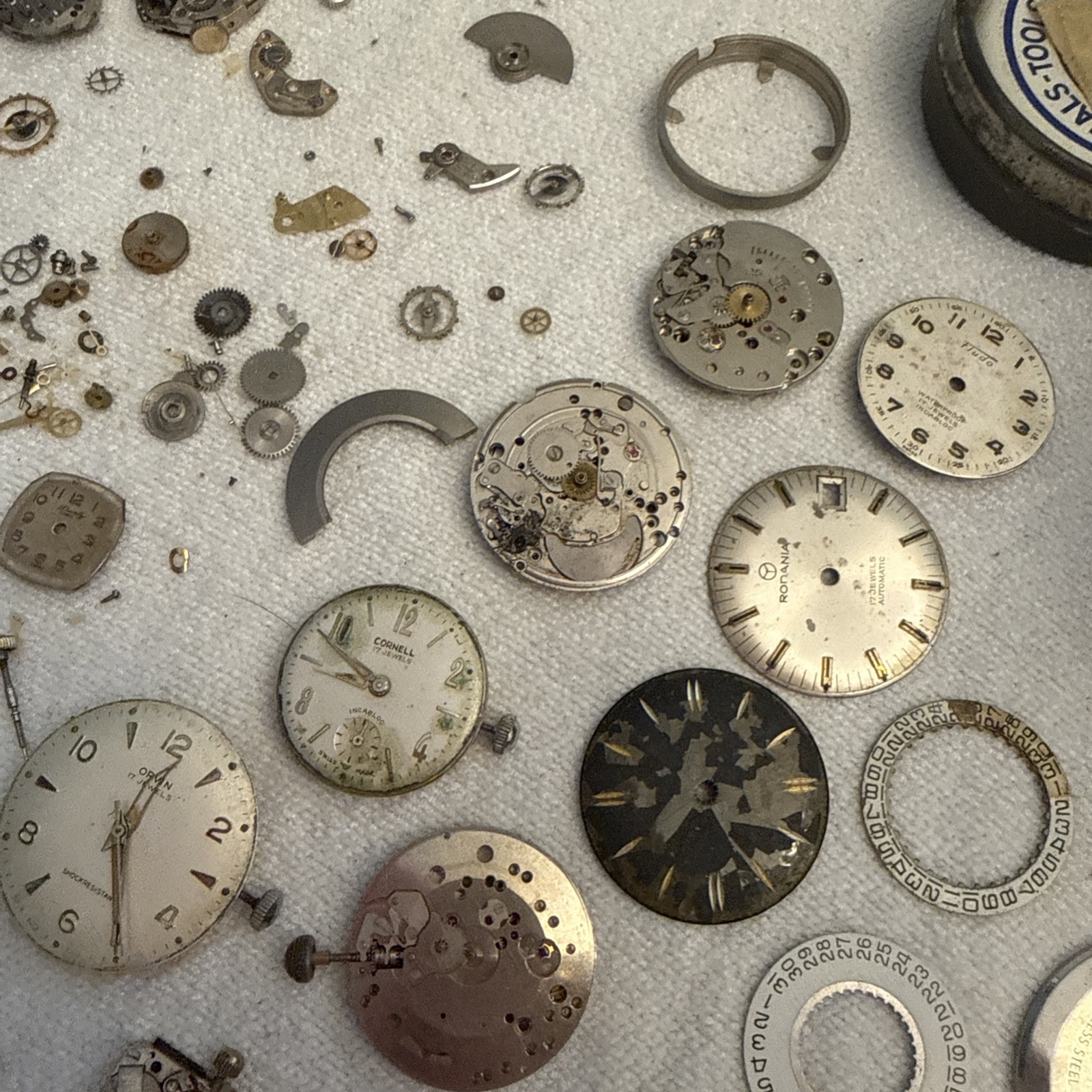 Vintage Watchmaker Repair Lot- Mixed Movements, Dials, Gears
