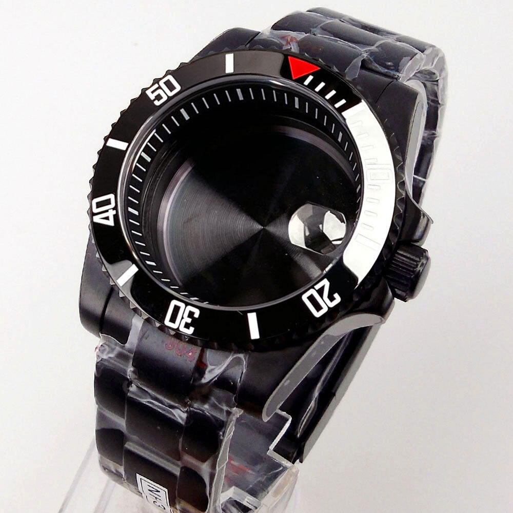 40mm Black PVD Sapphire Glass Watch Case Fit NH35A NH36A ETA2824 PT5000 Rubber