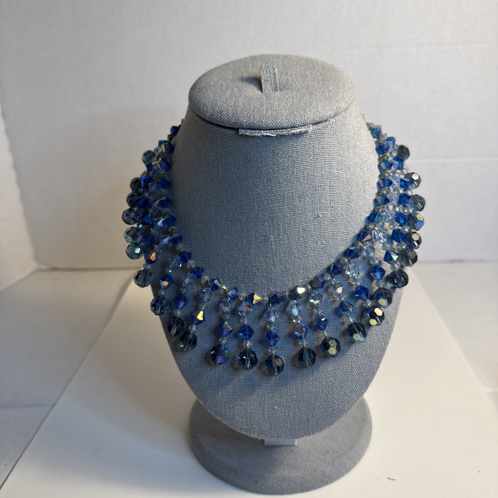Vintage Blue Glass Or Crystal Borealis Choker Necklace Beautiful 15” 50s