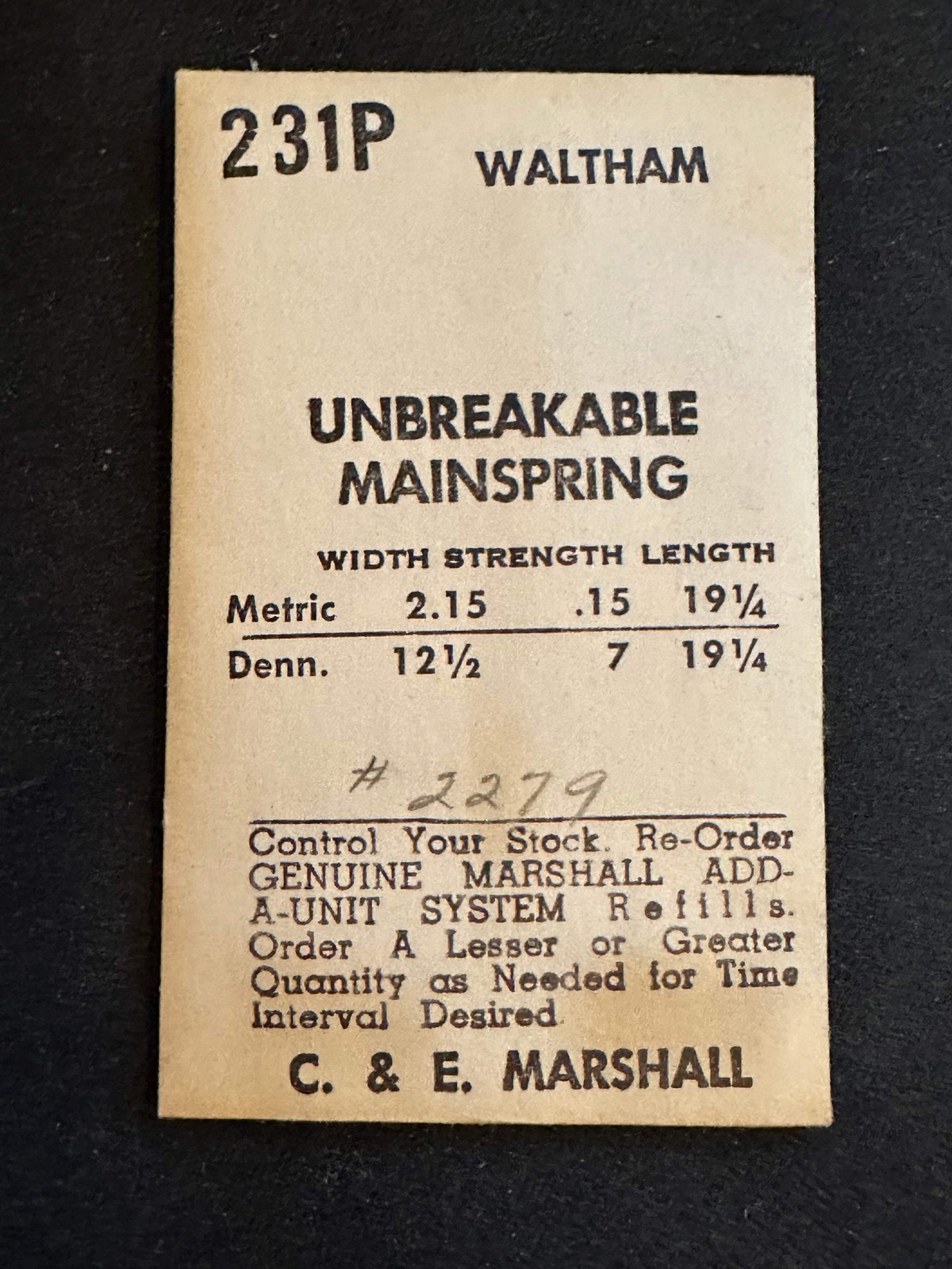 Marco Mainspring 231P for 12s Waltham 17j No. 2224A / 2279 – Alloy