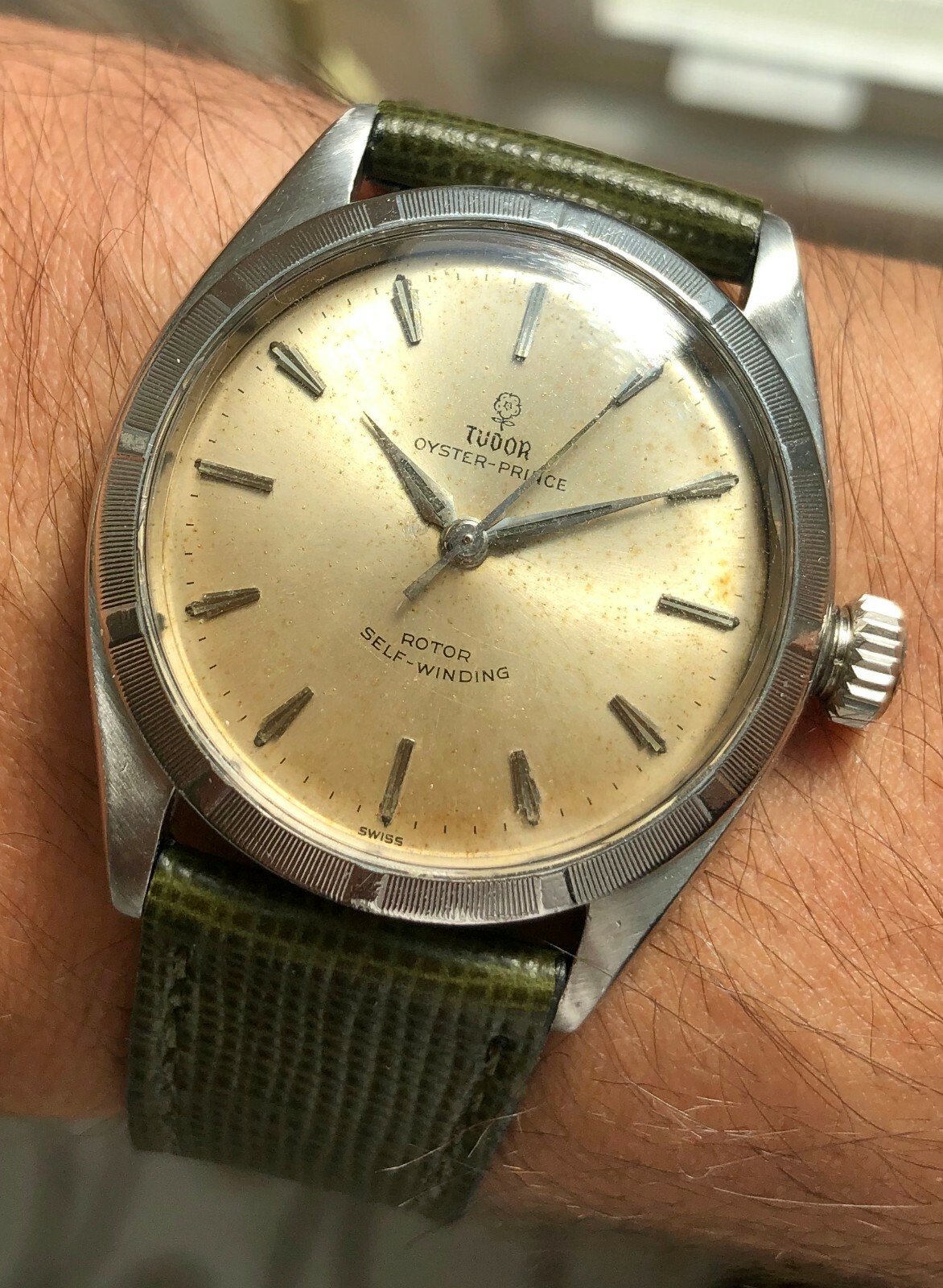 Vintage Tudor Oyster Prince 7965 Automatic Silver Rose Dial 18K Gold Bezel Watch