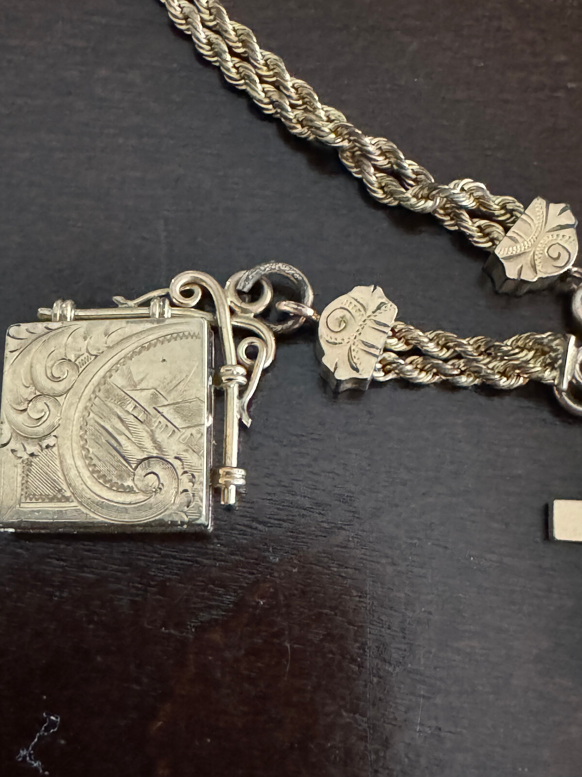 VINTAGE 11 INCH R.S.OO POCKET WATCH CHAIN WITH T-BAR, FINIALS AND LOCKET G.F.