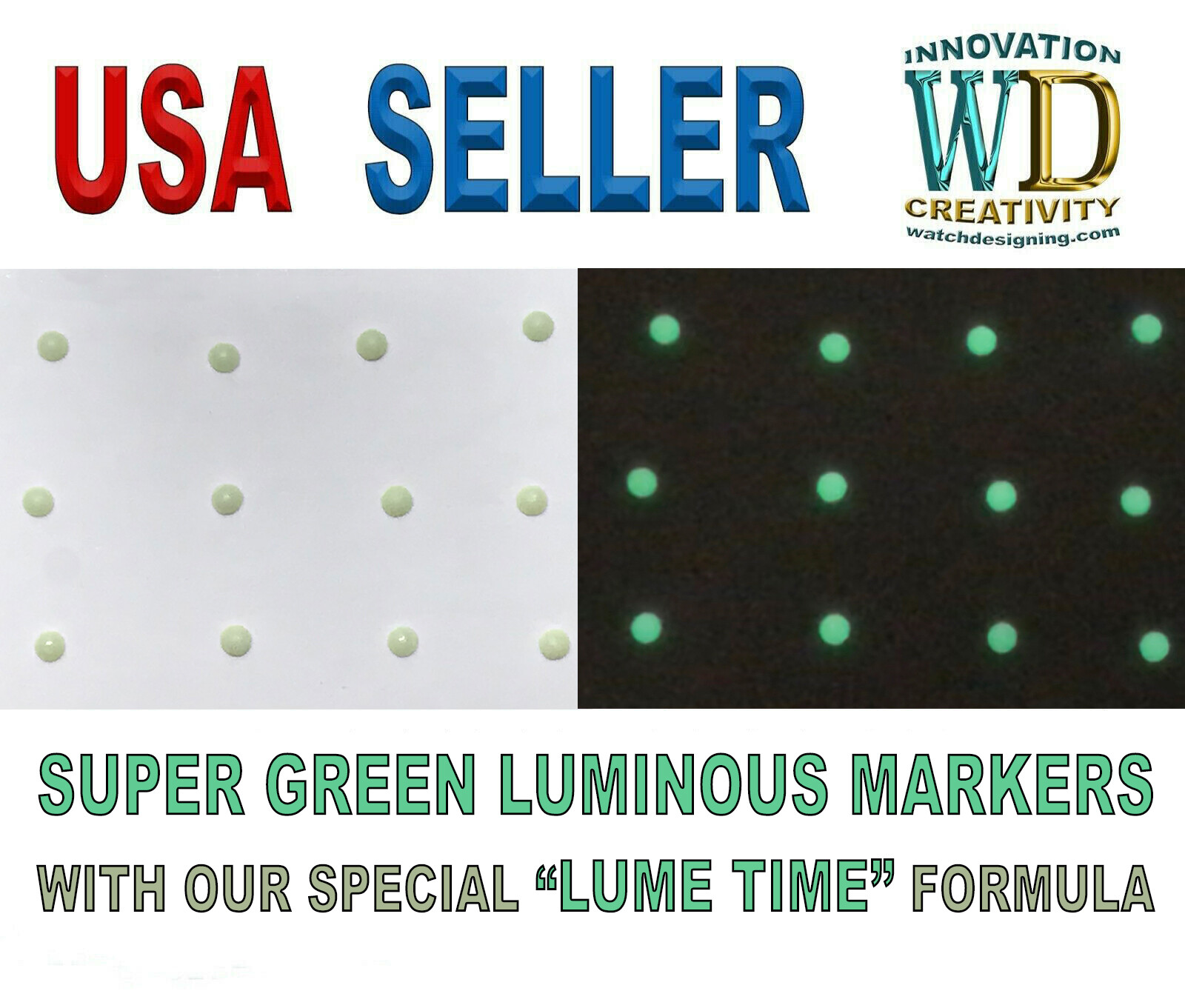 Watch Dial Hour Markers 12 pieces Green SUPER LUMINOUS 1.5mm Numerals Dots Bars