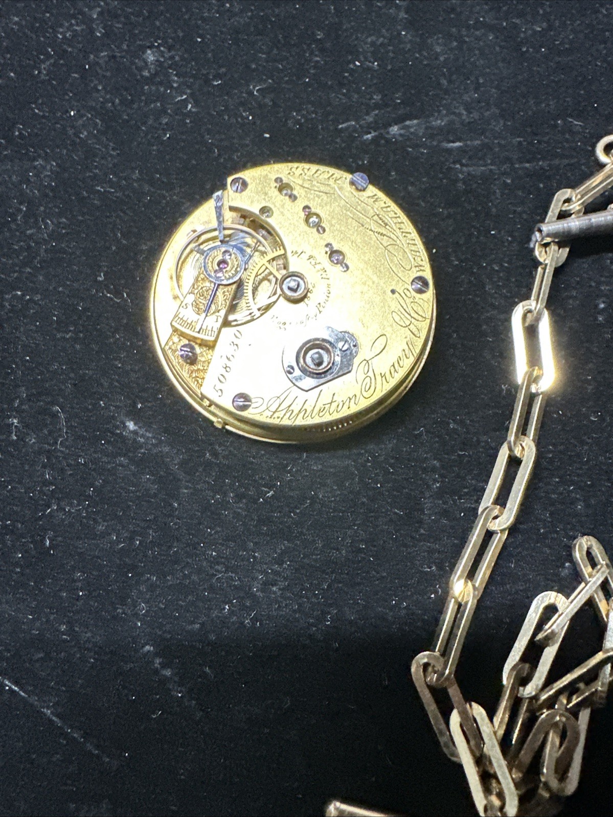 Vintage Working American Waltham Pocket Watch Movement W/winding Key /GF Chain