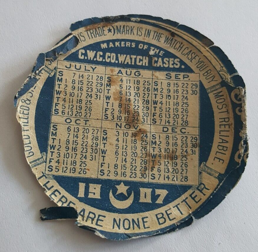 1907 Crescent Watch Case Co Paper Calendar Repair Insert Newark N.J.