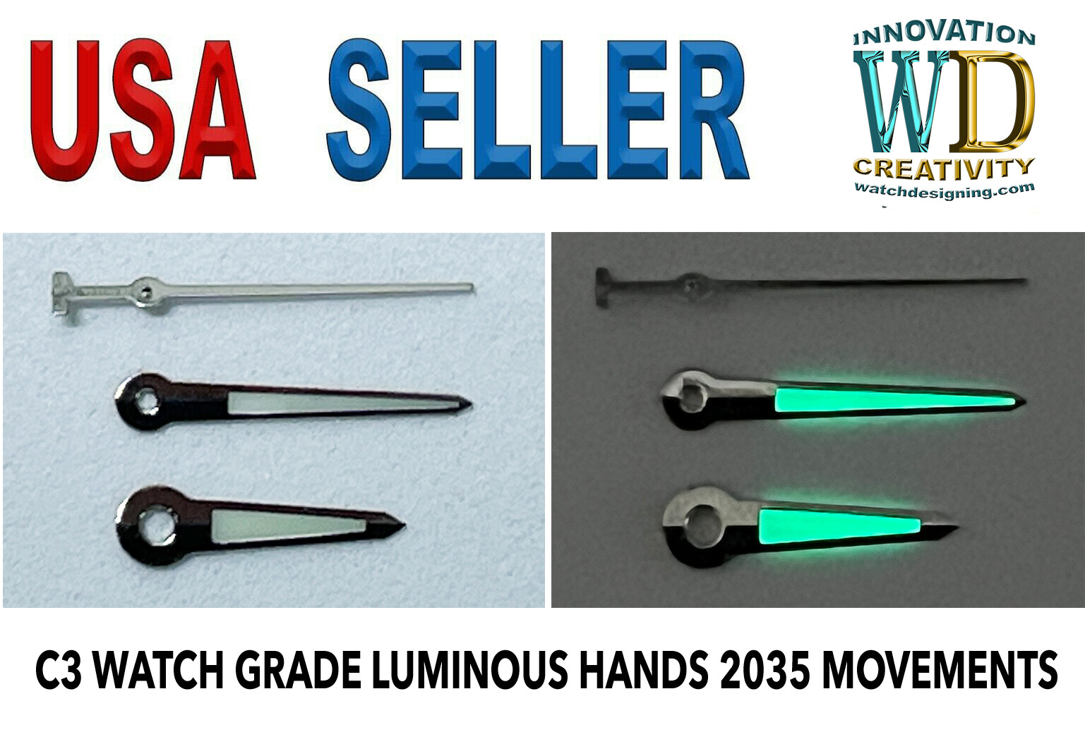 Watch Dial Hour Minute Seconds Hands Silver luminous green Parts 120/70/20 NEW