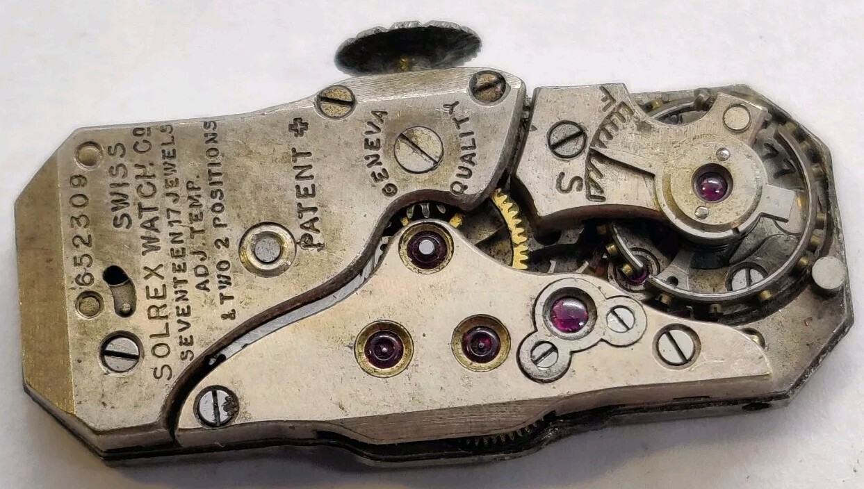 Vintage Solrex High Grade 17 jewel Baguette watch movement runs For Repair