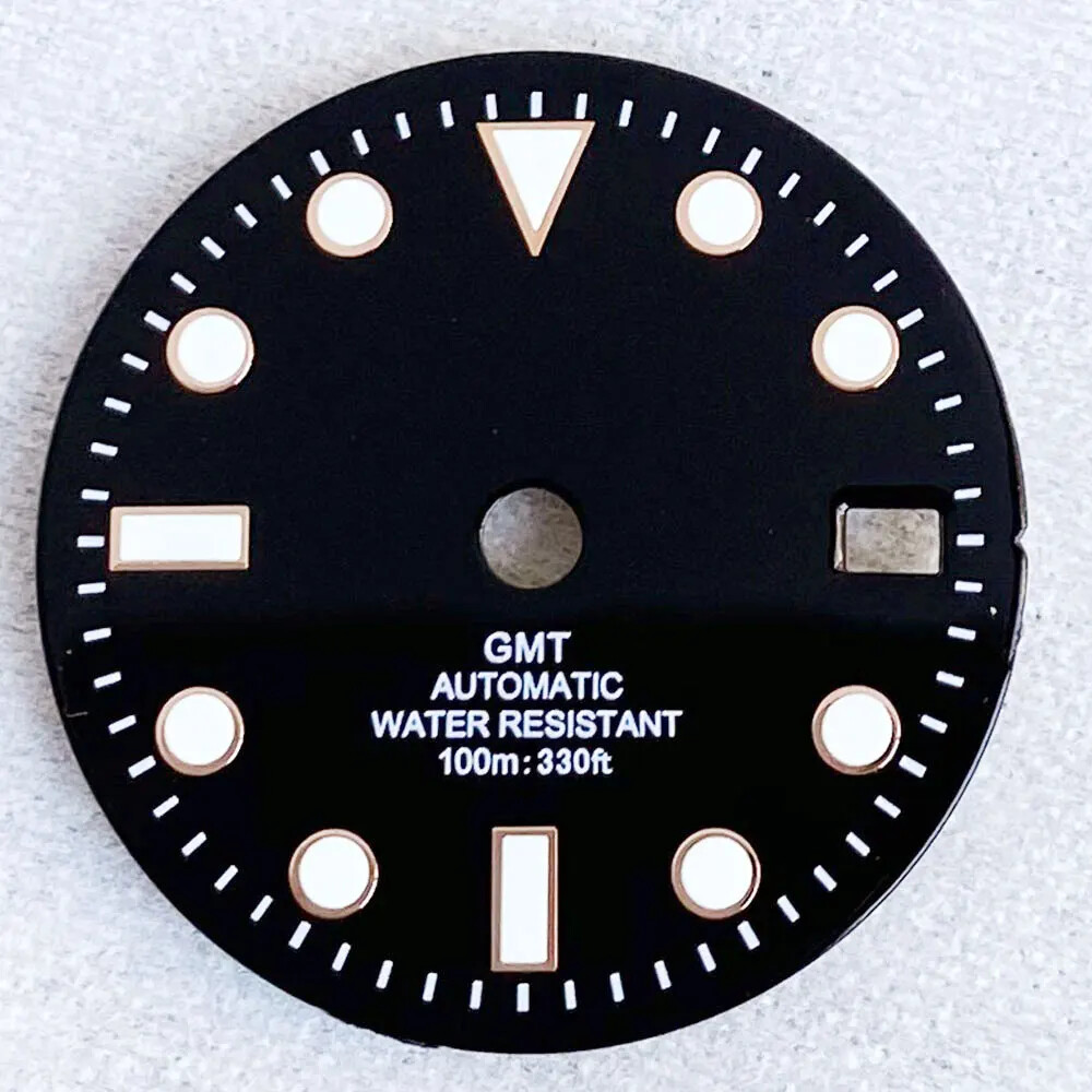 Luminous Black Sub Watch Dial 29mm for nh34 gmt Movement Black/Gold/Rose Gold