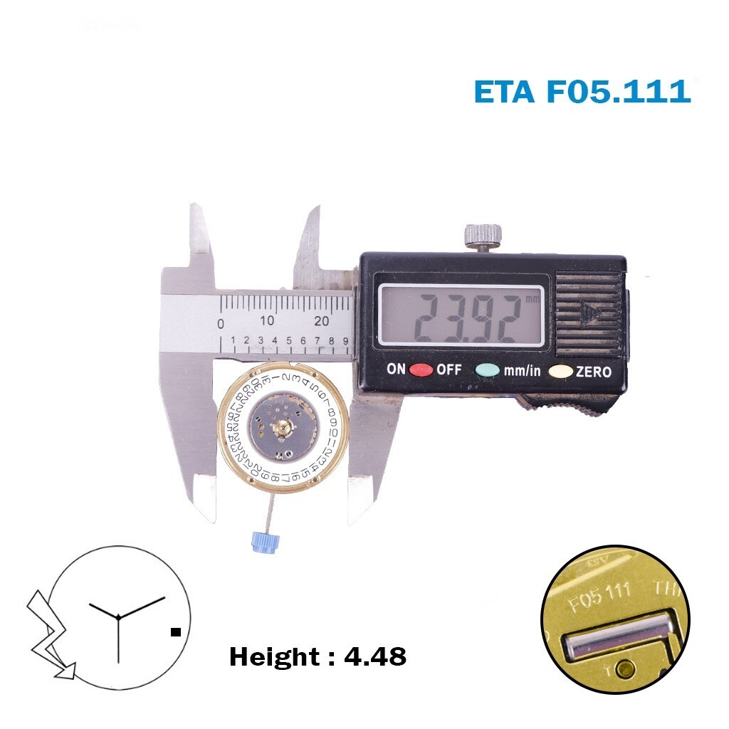 ETA F05.111 Swiss Watch Movement, White Date Disk On 3, 3 Hands, Height 4.48.