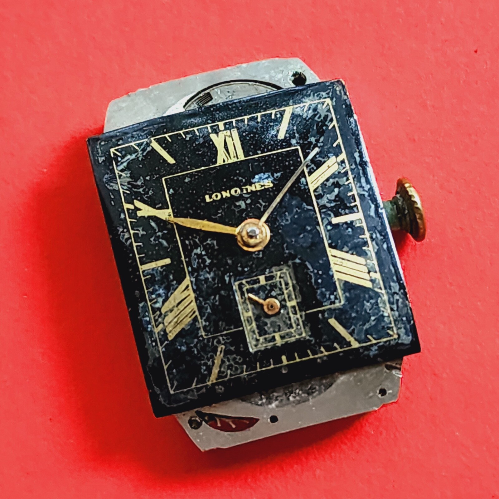 Longines Watch Movement Cal 9L Rectangle Dial Hands Crown Stem Ticks For Parts