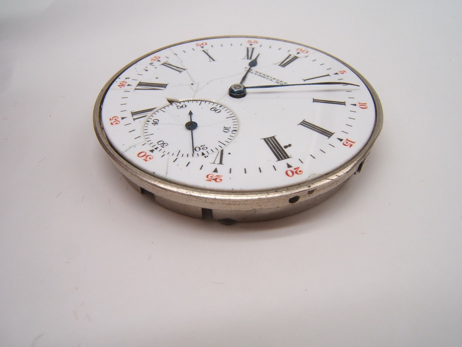 FA HENNINGER POCKET WATCH MOVEMENT & DIAL ILLINOIS WATCH CO 15J SIZE 12 AS IS