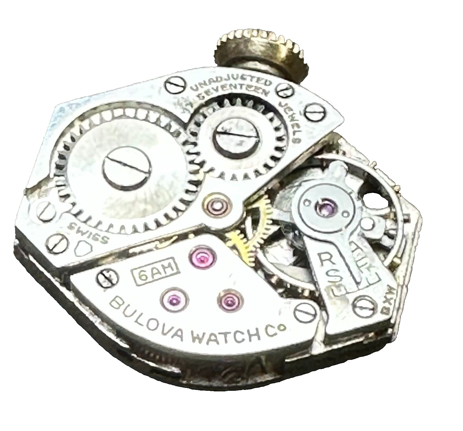 BULOVA 6AM 17 JEWEL UNADJUSTED Wristwatch Movement RUNS FACE DOWN 22-43