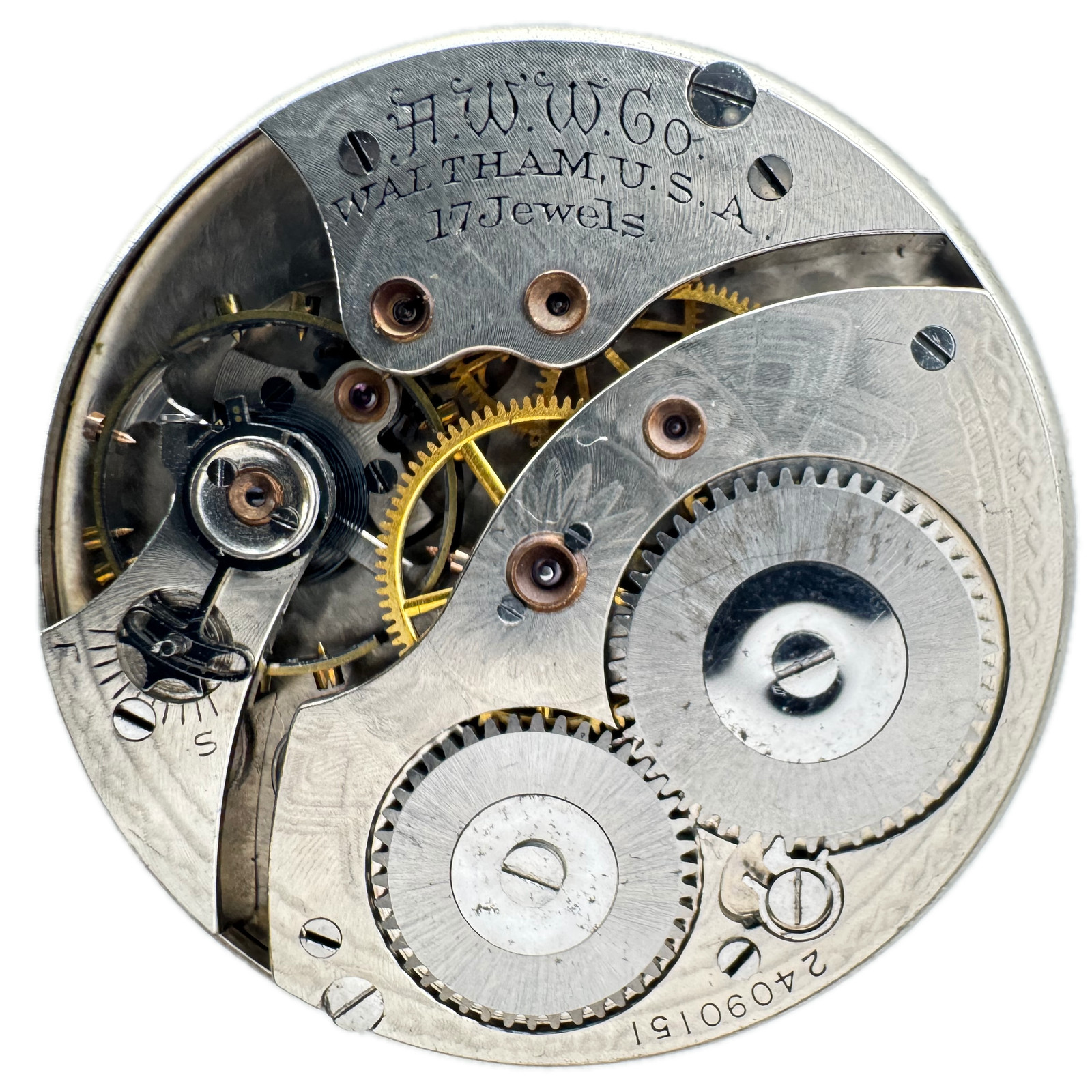 Antique 12s 1921 Waltham Metallic Single Sunk Dial Pocket Watch Movement No. 225