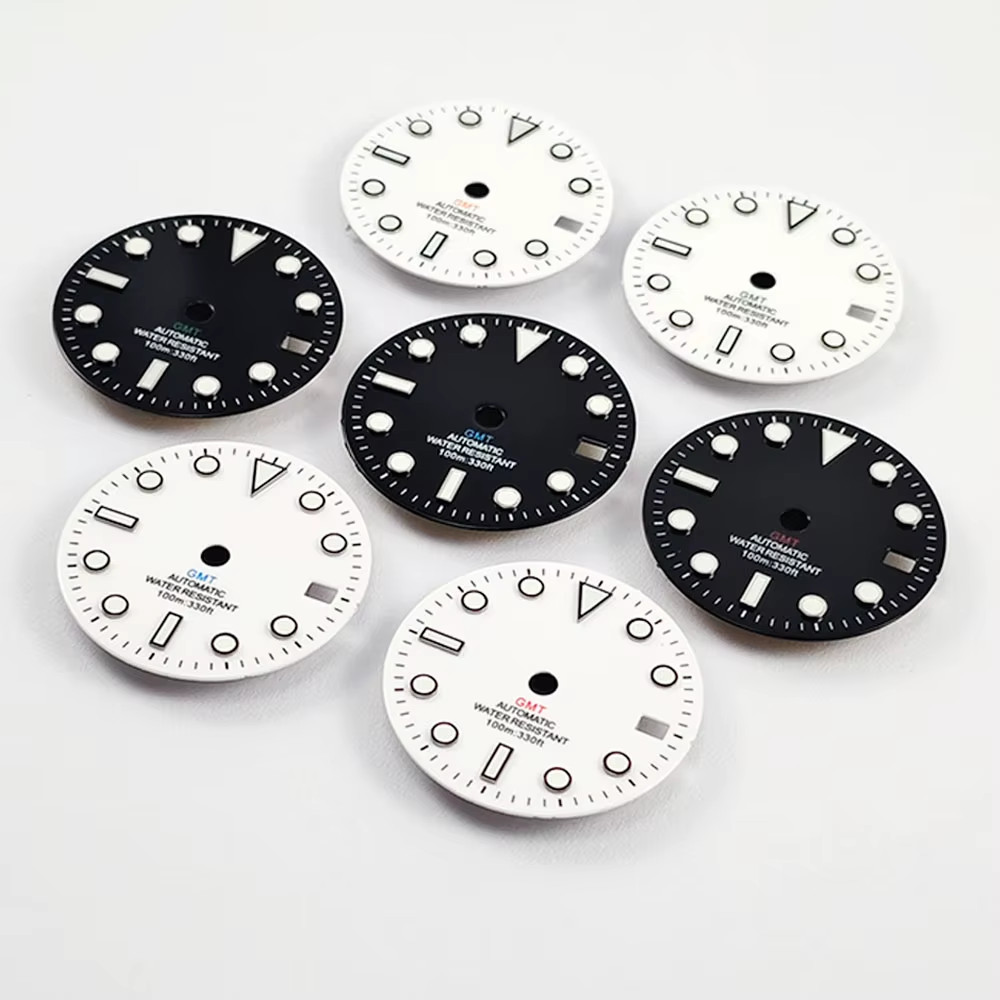 GMT 28.5Mm NO Logo Gloss Watch Dial White Black Mark Blue Green Luminous Fit NH3
