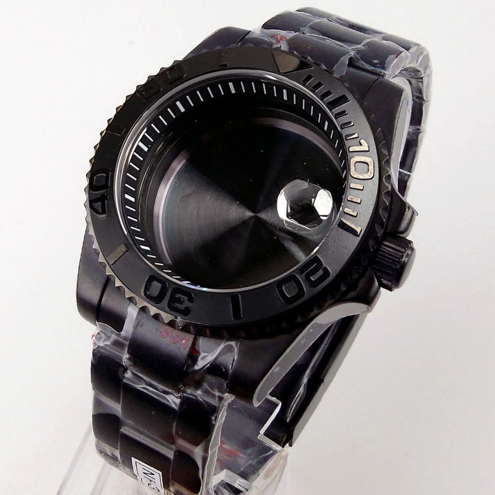 40mm Black PVD Sapphire Glass Watch Case Fit NH35A NH36A ETA2824 PT5000 Rubber