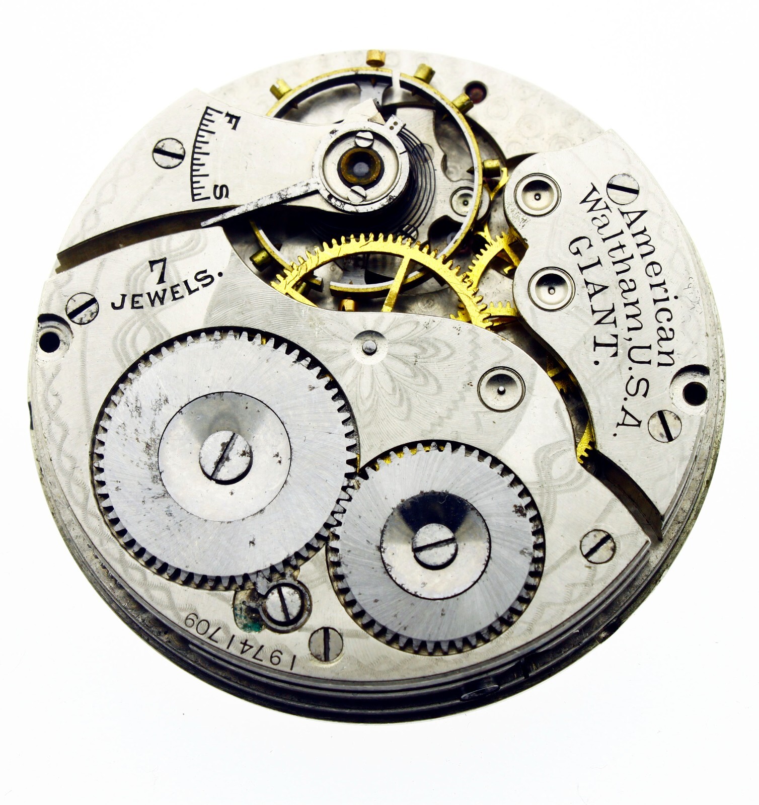 American Waltham Giant Rare Pocket Watch Movement Model Equity Size 17s 7 jewels