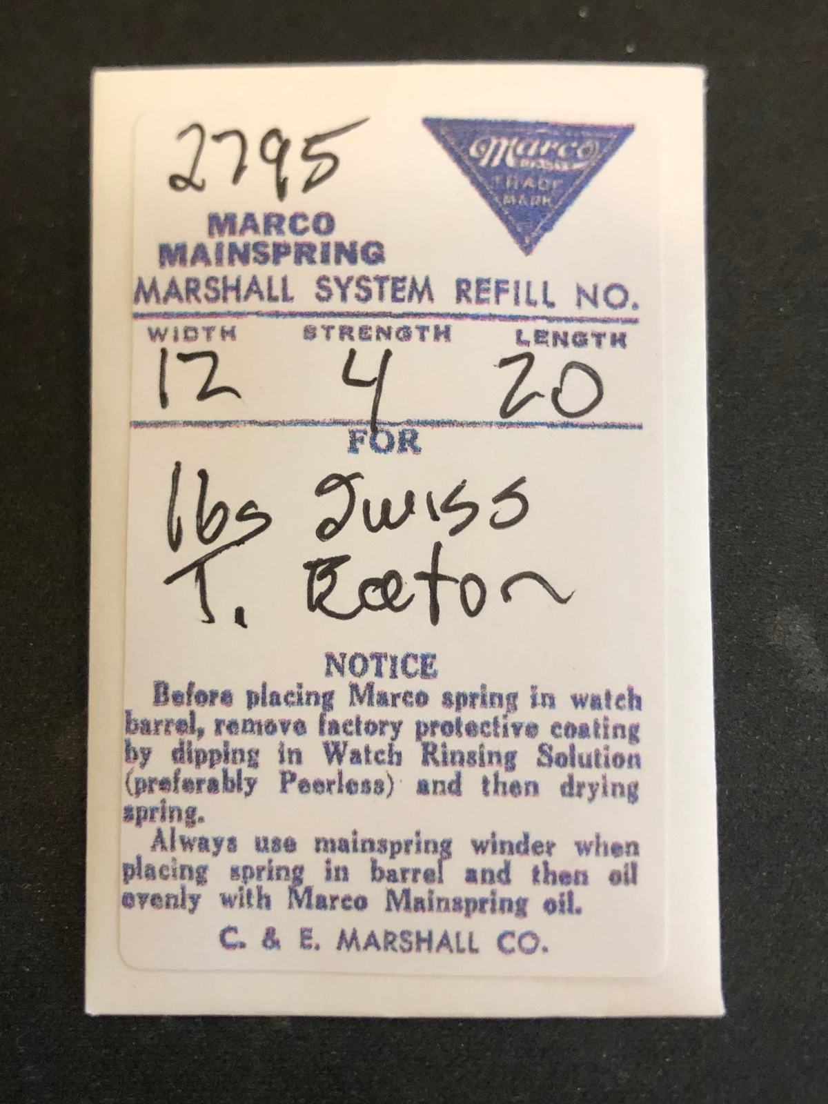 Marco Mainspring #2795 for 16s T. Eaton (Gallet) movements – Steel