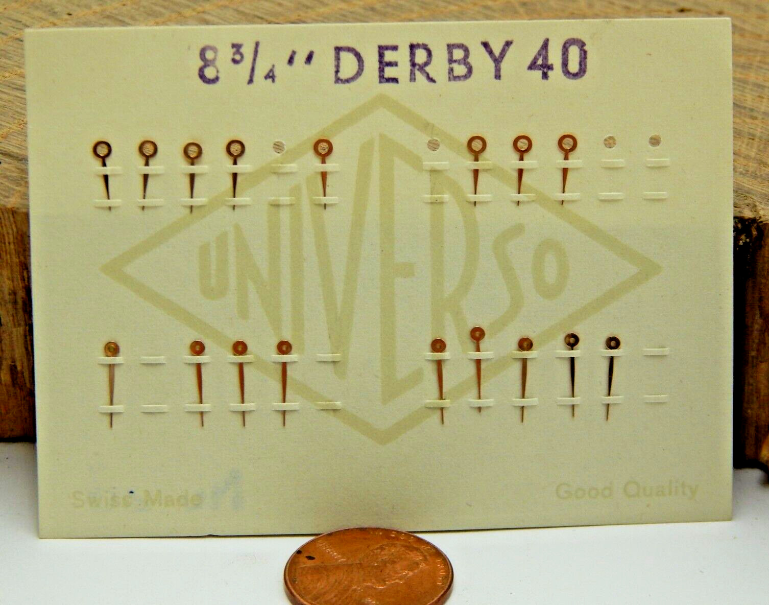 Vintage Swiss Made 8 3/4 ligne Derby 40 Universo watch hands Gold Pl Whole card