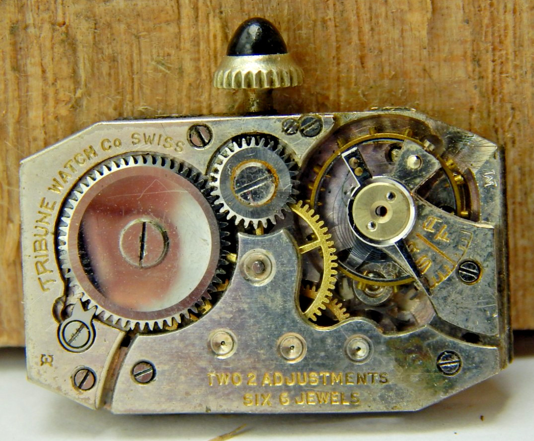 Vintage Tribune 6 jewel 2 Adjustment wrist watch movement with dial and hands