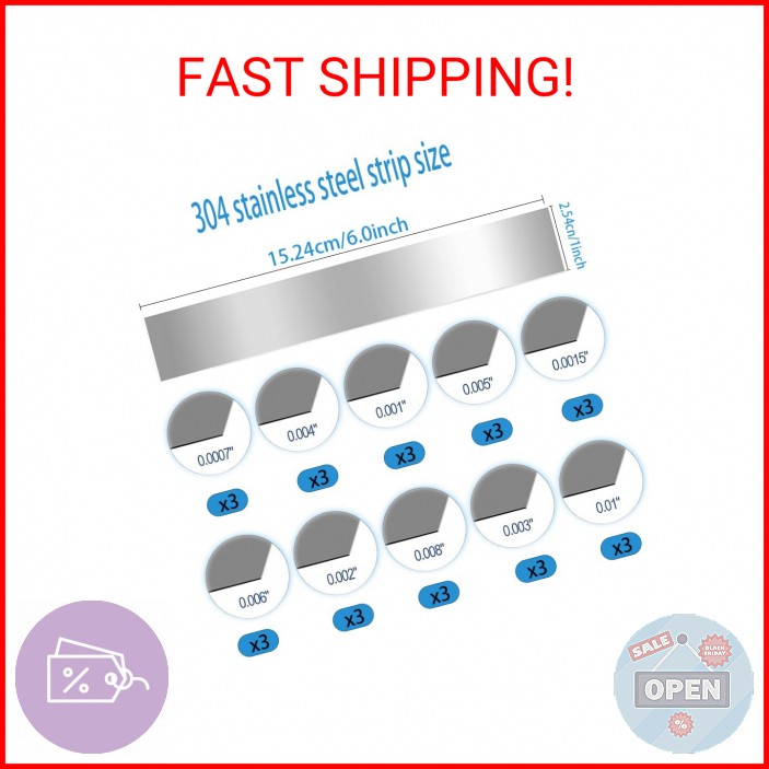 30PCS 304 Stainless Steel Shim Stock Assortment 1″ Width x 6″ Length 10 Thicknes