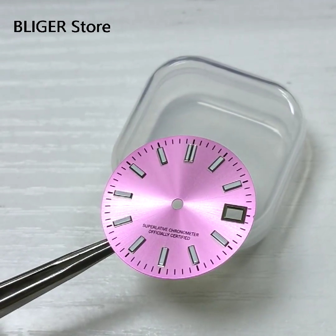 28.5mm Sunburst Pink Silver Watch Dial+Hands Green Lume Fit NH35A NH36A Movement
