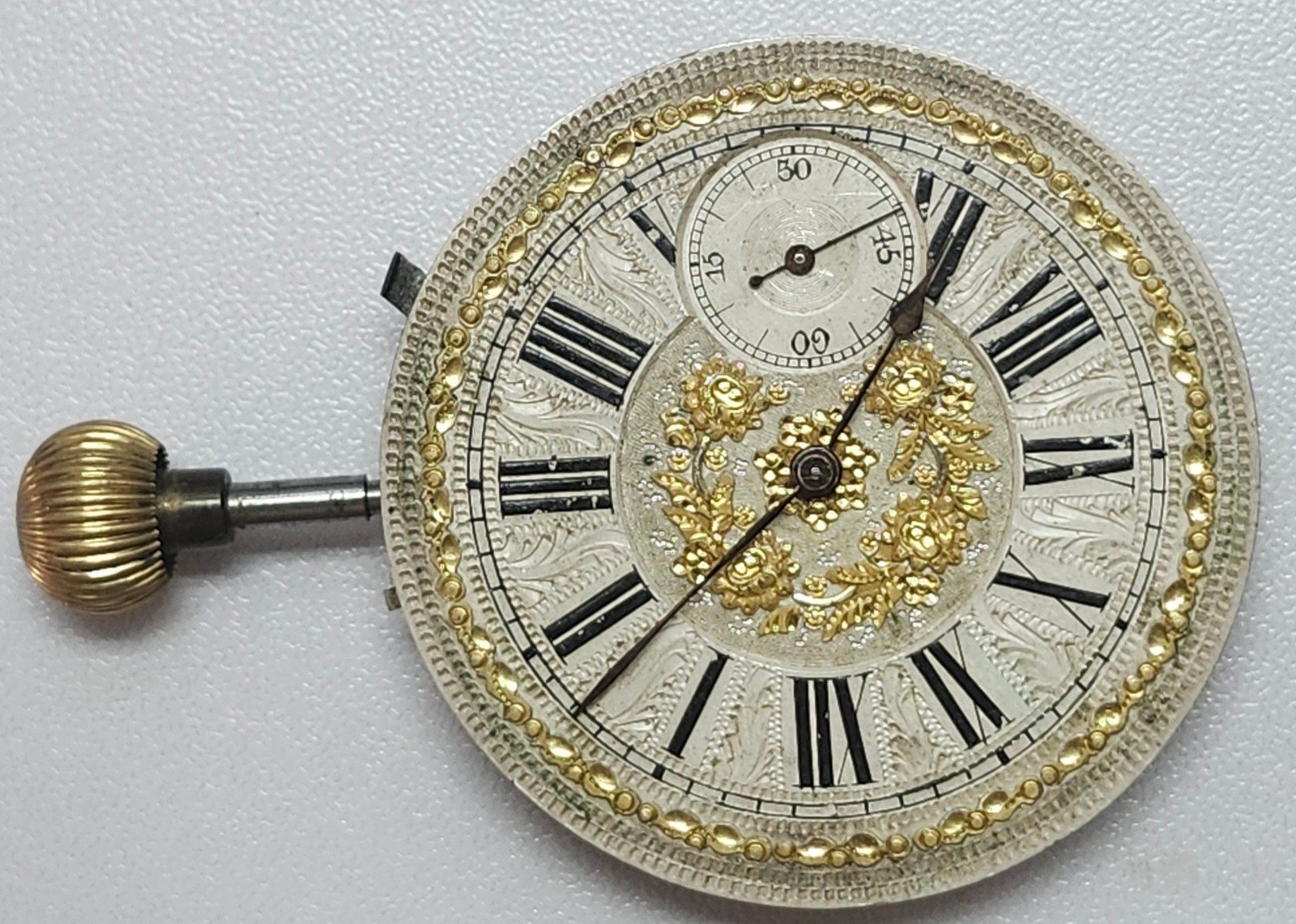 Antique Ch. Ed. Lardet Fleurier Swiss Pocket Watch Movement & Silver Floral Dial