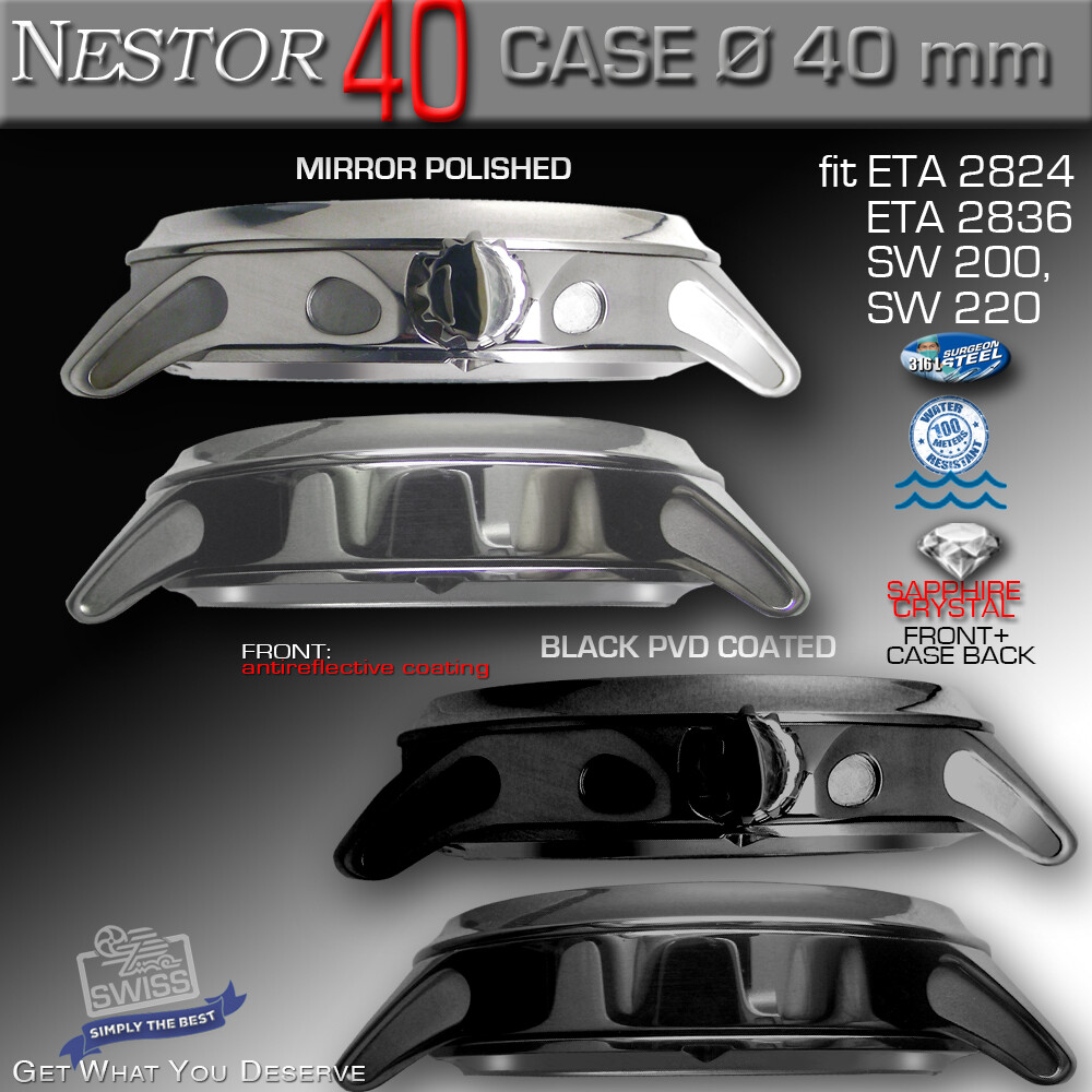 WATCH CASE NESTOR FOR ETA-2824/2836, SW 200/220,Ø 40 MM, ST.STEEL,SAPH.CRYSTAL,