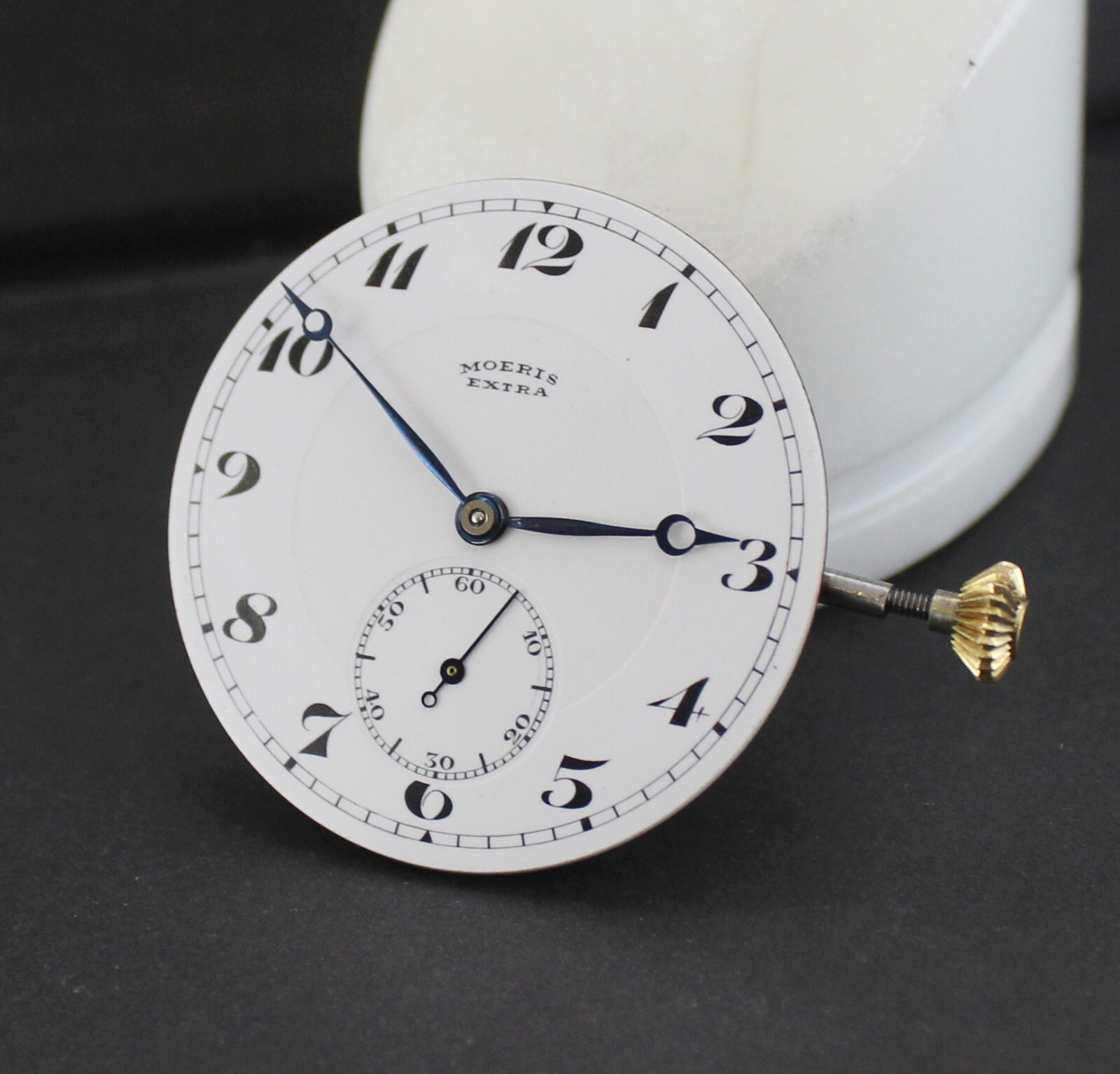 Antique Moeris manual Movement, dial, hands, winding stem & crown . Running!!