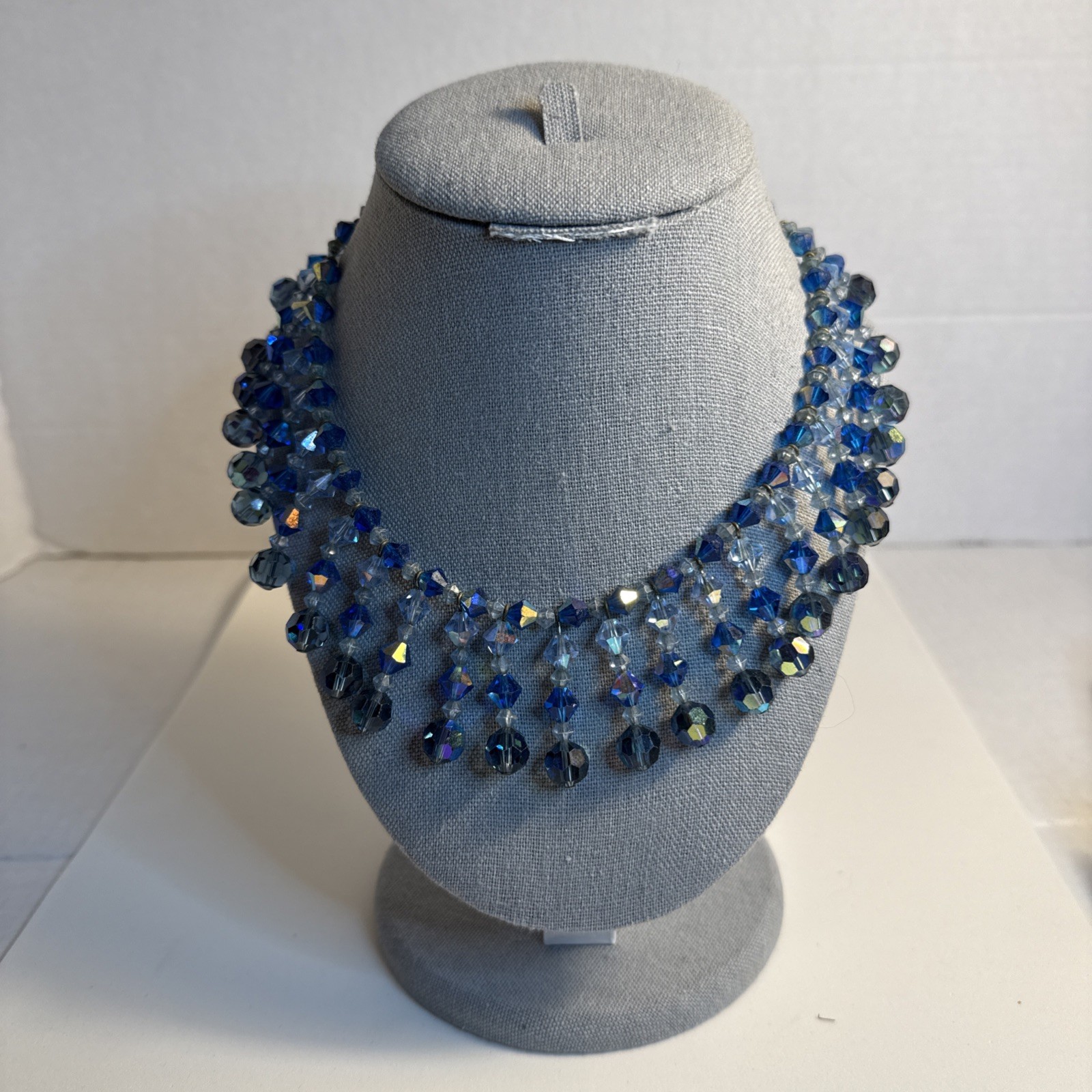 Vintage Blue Glass Or Crystal Borealis Choker Necklace Beautiful 15” 50s
