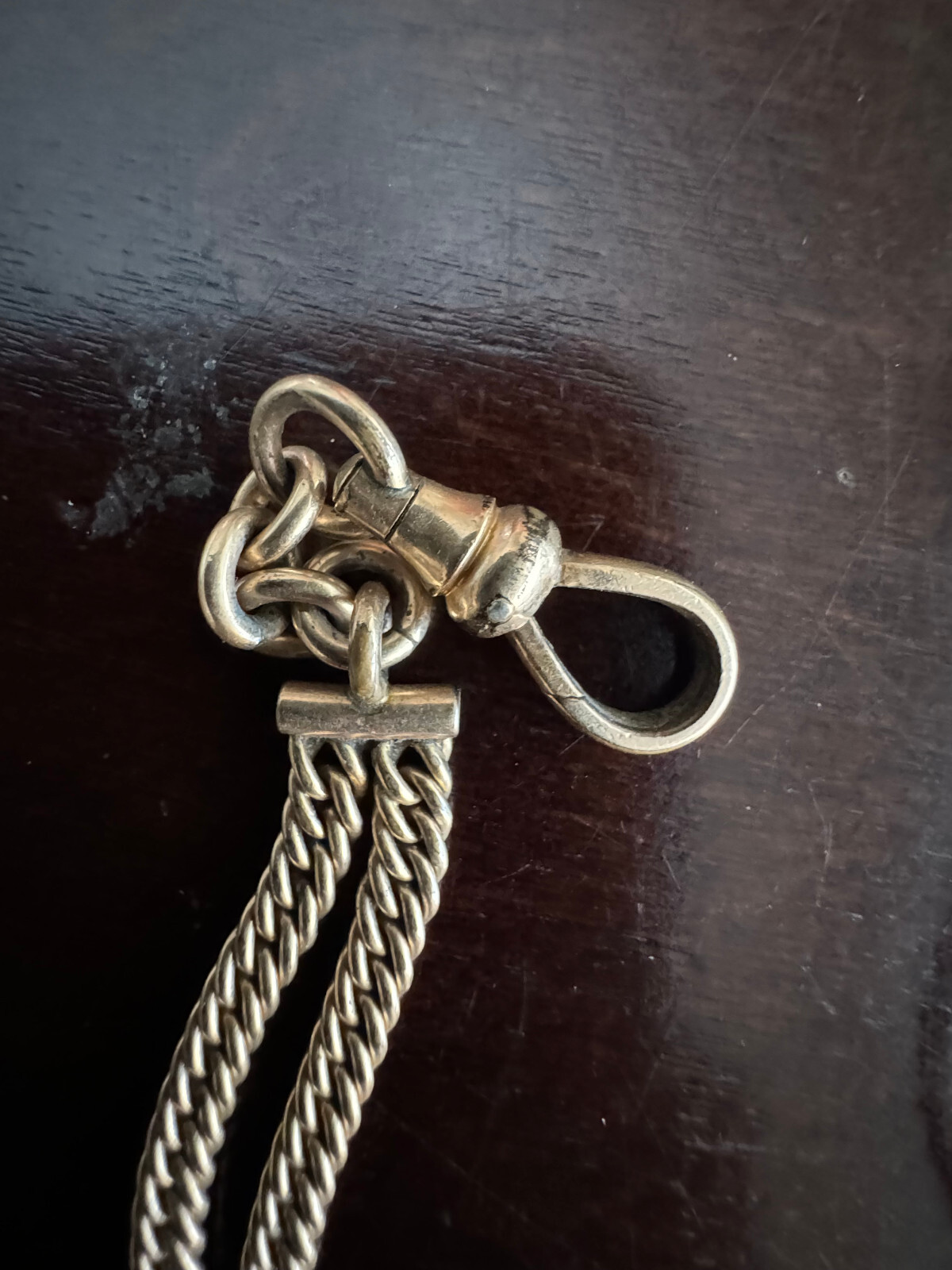 VINTAGE 11 INCH HEAVY SLIDE, T BAR POCKET WATCH CHAIN, HAS MARKING ON CLASP