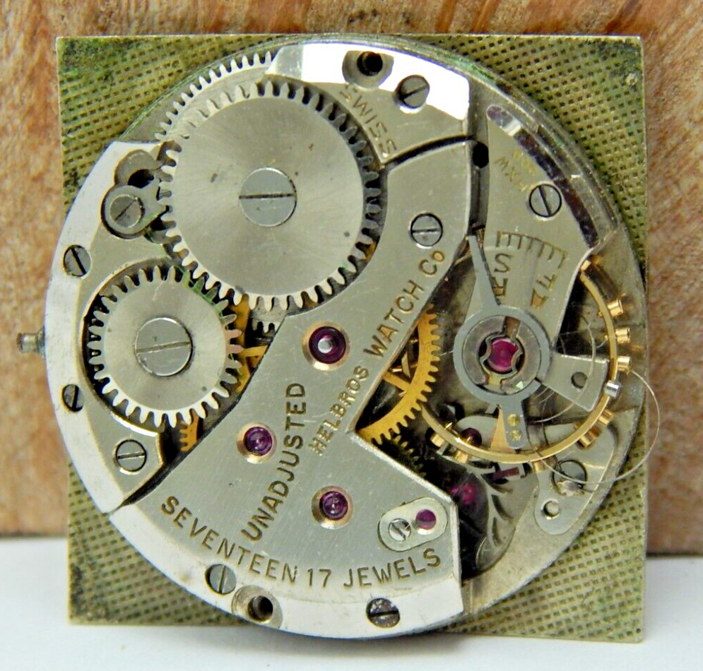 Vintage Helbros 209 17 jewel men’s wrist watch movement with gemmed dial & hands