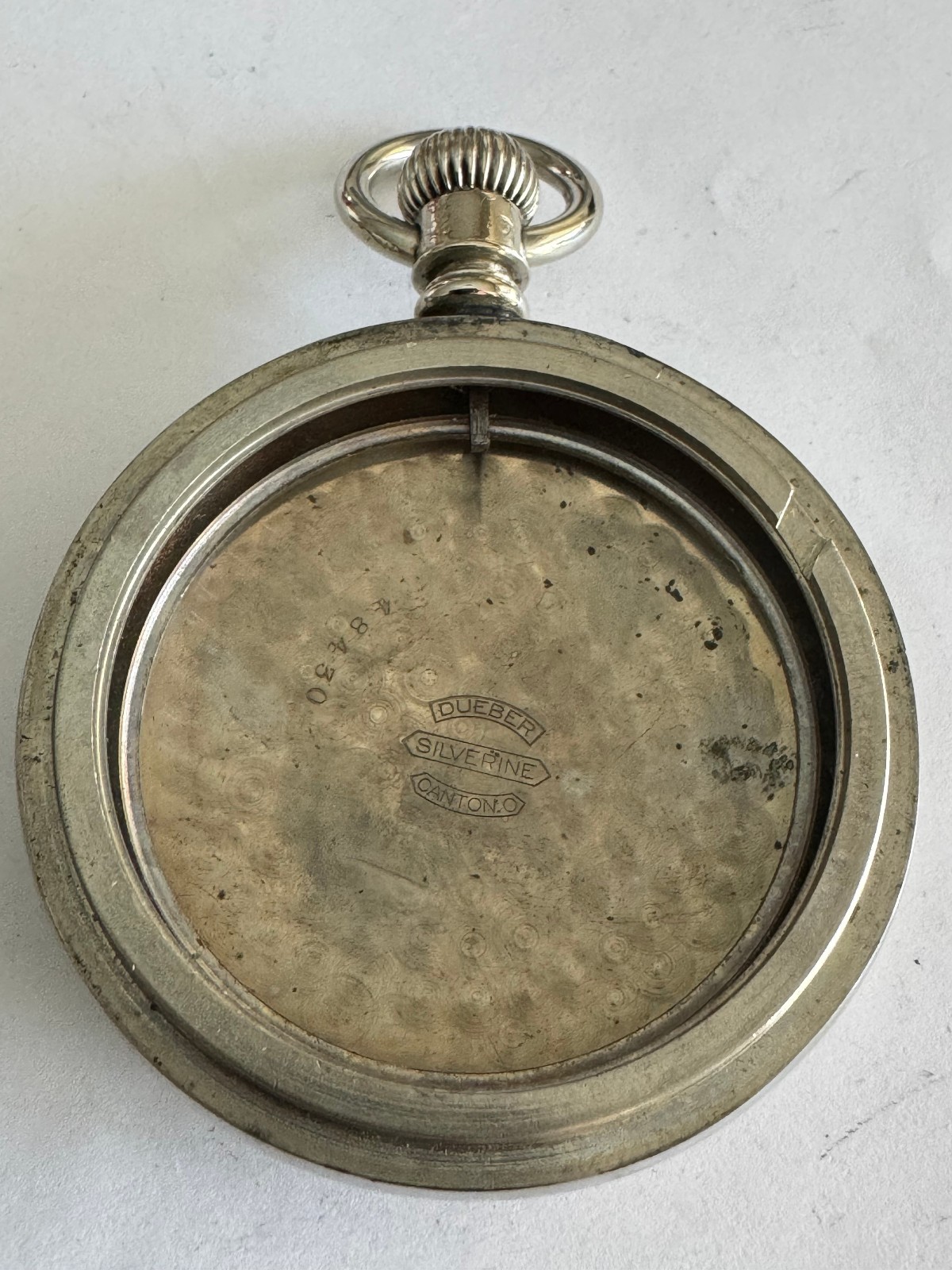 VINTAGE 18 SIZE DUEBER POCKET WATCH SILVERINE CASE PENDANT & LEVER SET