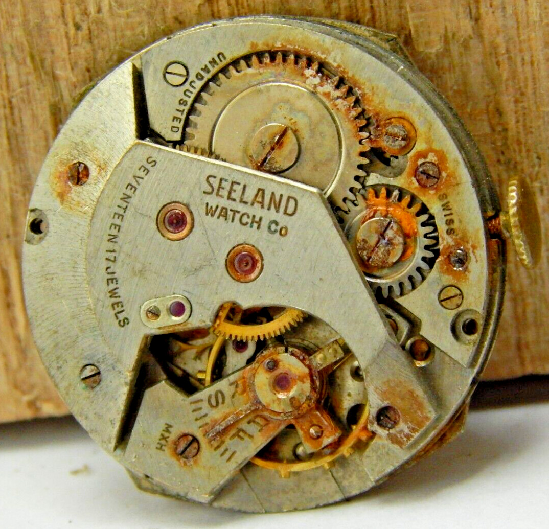 Vintage Seeland 17 jewel 6/0s men’s wrist watch movement w/ dial hands & crown