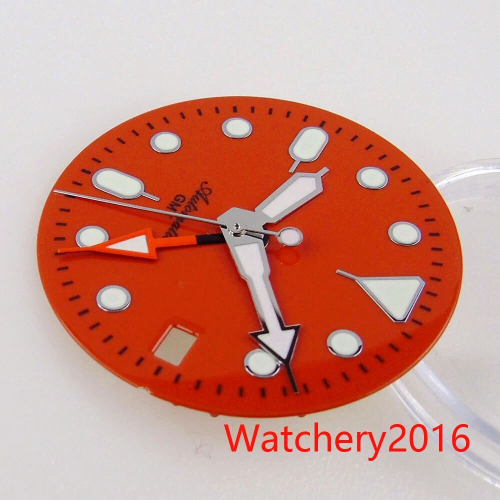 29MM GMT Dial Fit NH34 NH34A Green Luminous Black Orange Watch Dial Date Window
