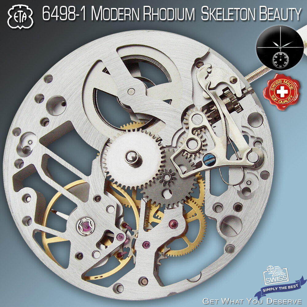 MOVEMENT ETA UNITAS 6498-1, “MODERN SKELETON BEAUTY, RHODIUM, SWISS