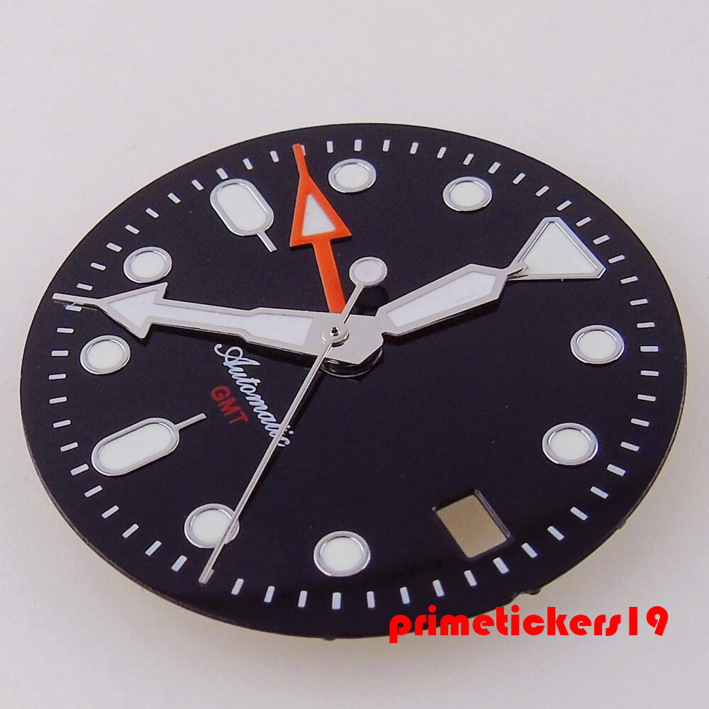 Fit NH34 GMT Movt 29mm Sterile Watch Dial Black Orange Face Date Hands Luminous