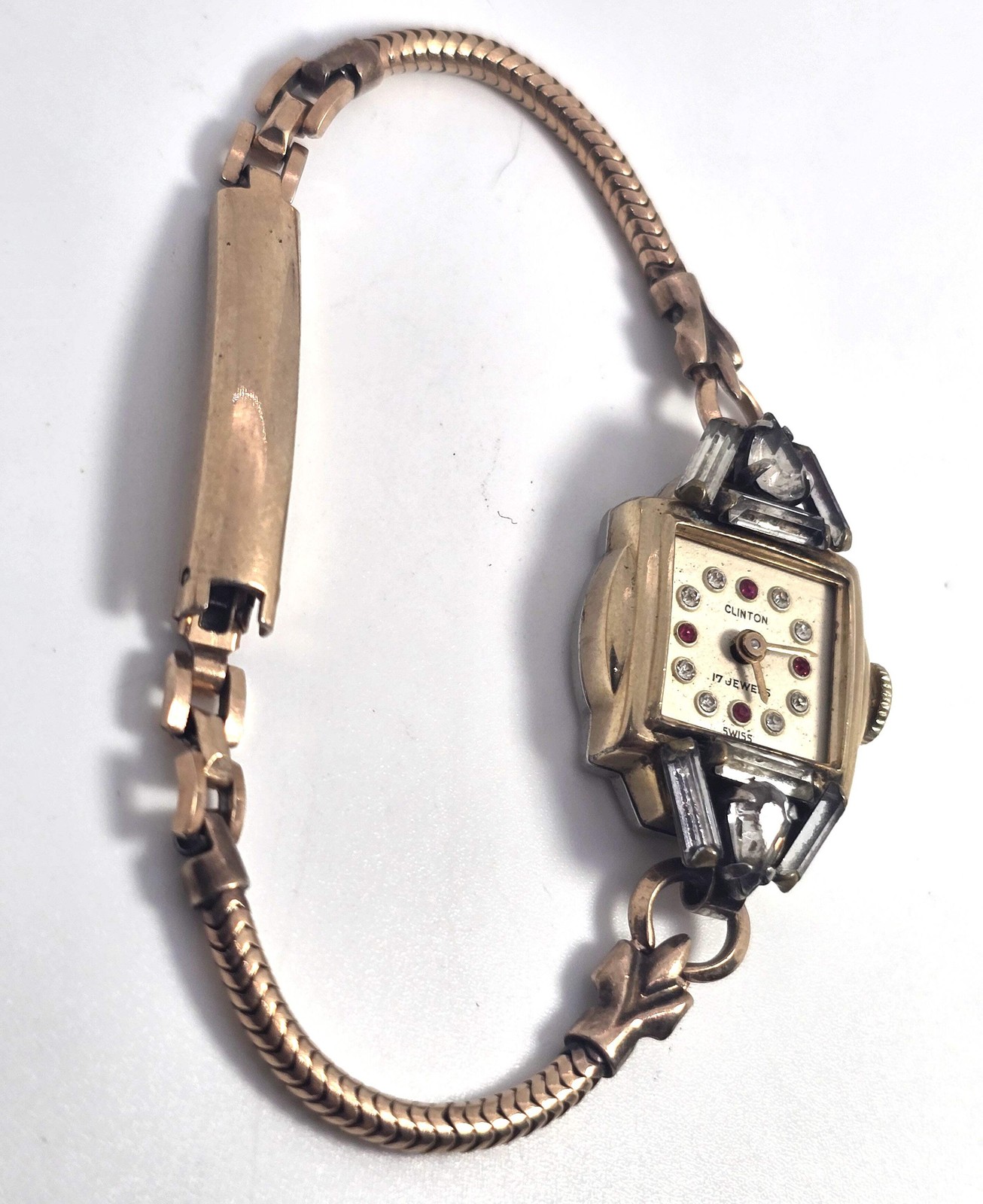 Art Deco Clinton gold filled wind up 17 jewel watch missing crystal face PARTS