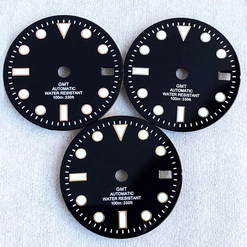 Luminous Black Sub Watch Dial 29mm for nh34 gmt Movement Black/Gold/Rose Gold