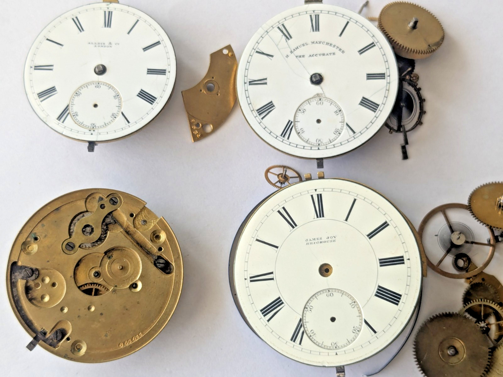 4x Disassembled English Pocket Watch Movements Parts Lot (Samuel, Fattorini) el4