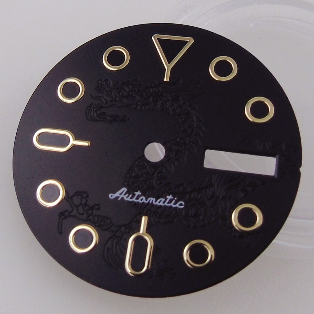 29mm Black Golden marks Dial Dragon Print Fit SKX Style NH36 NH36A movement