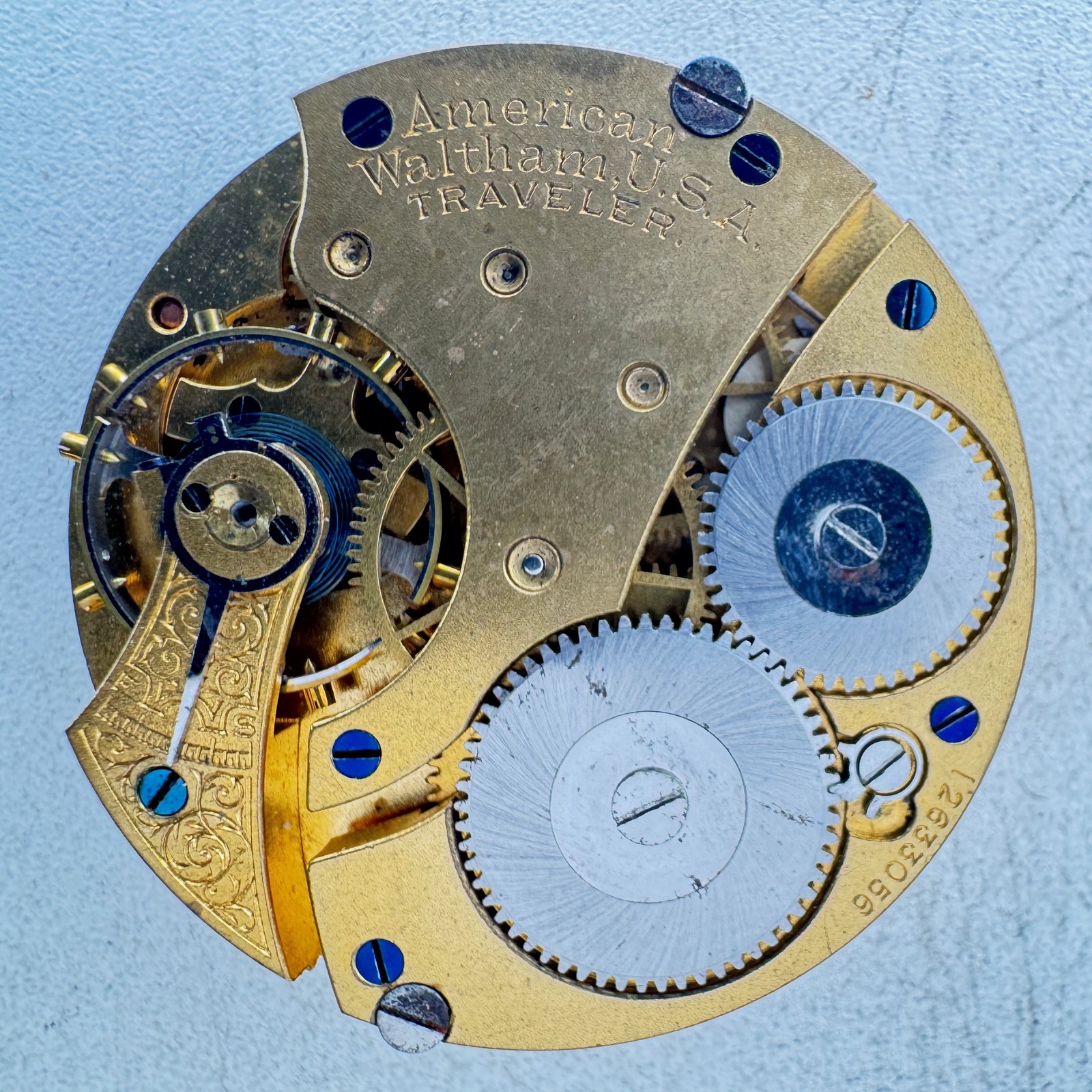 Antique 16s 1903 Waltham Pocket Watch Movement Traveler Gilt Finish 7J