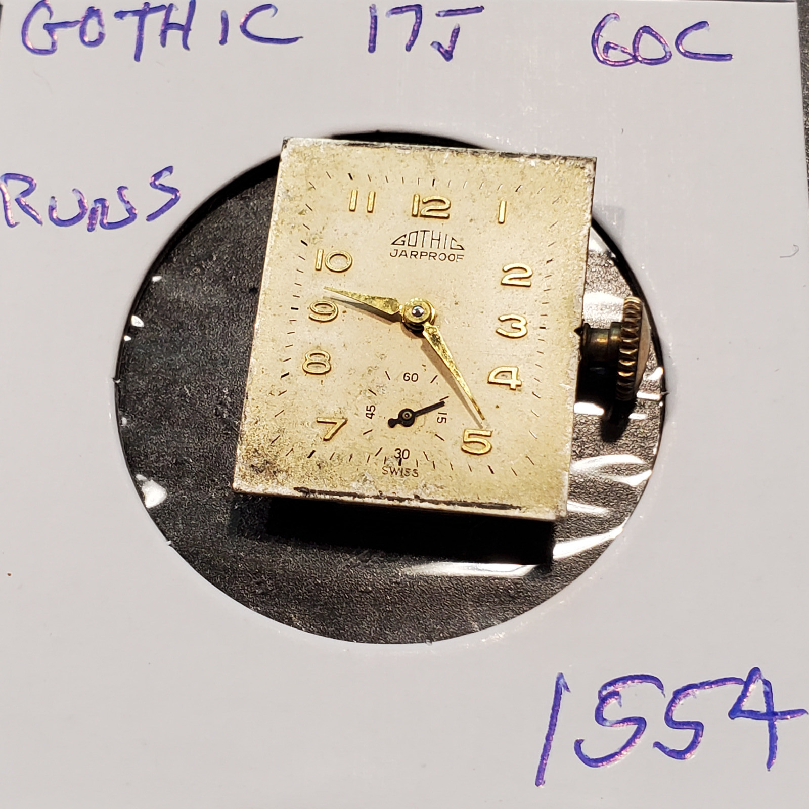 MENS HELZBERG 17j 60C WRIST WATCH MOVEMENT #1554