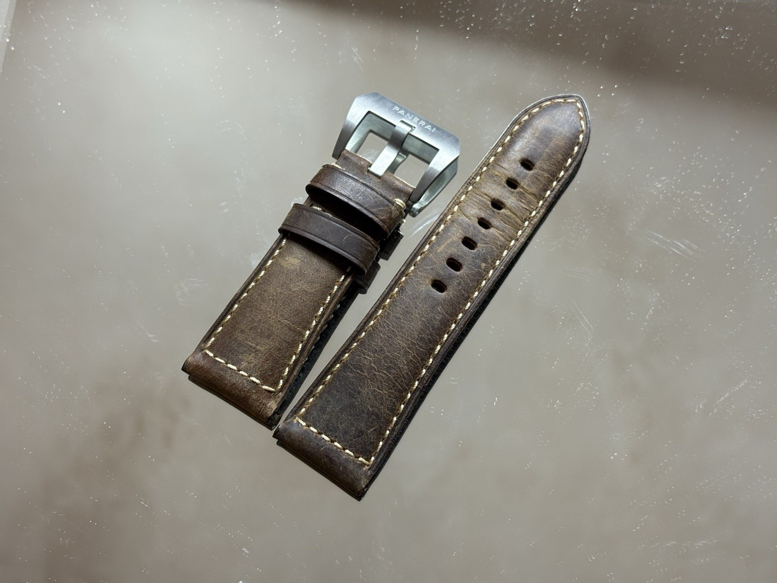 Authentic Panerai 26mm Brown Antique Look Strap. With Steel Tang Buckle.