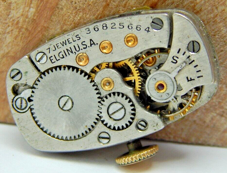 Vintage 1937 Elgin 529 7 jewel 21/0s art deco wrist watch movement with dial